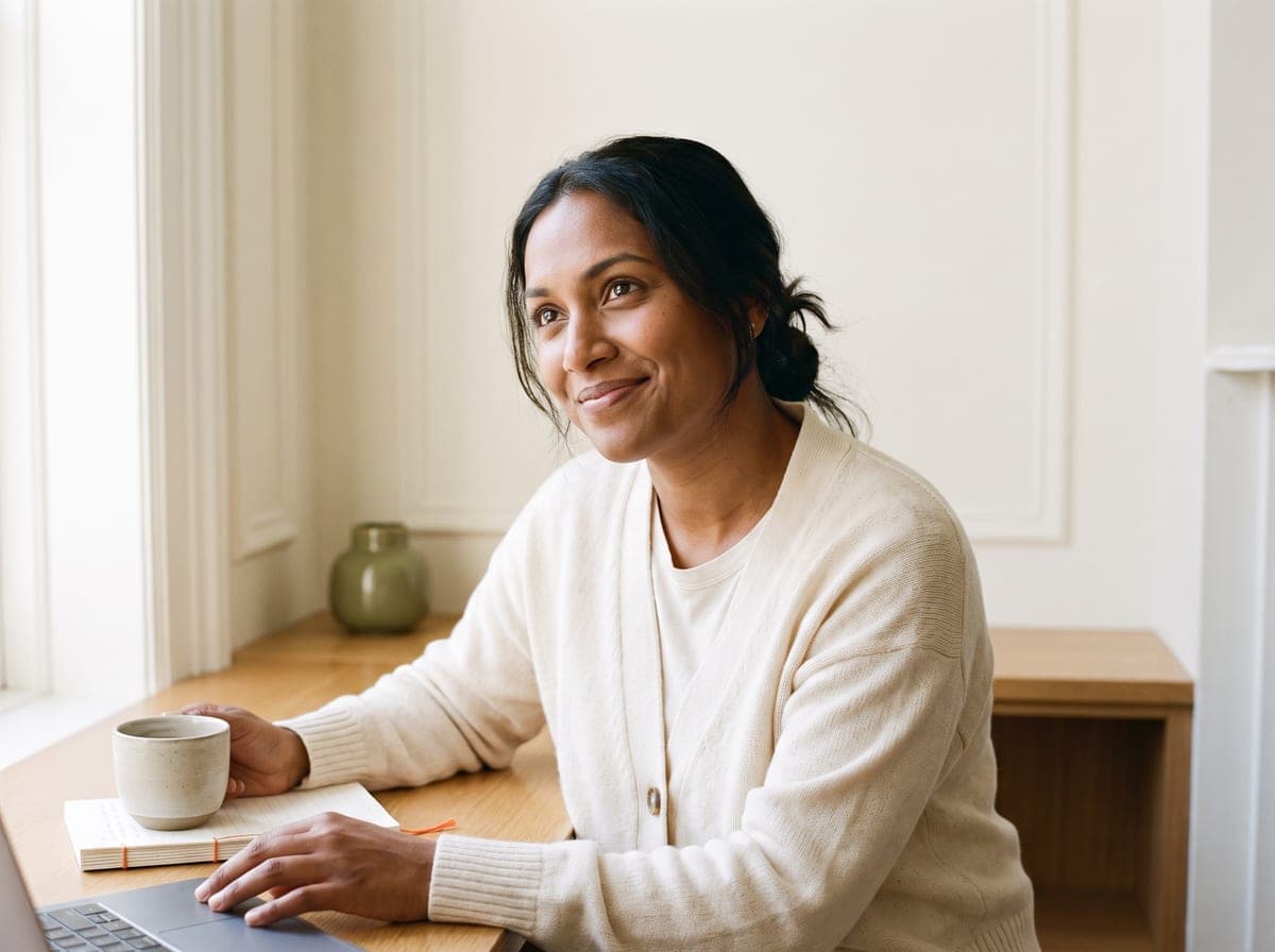 Freelancer sonriendo desde su escritorio, laptop y café en primer plano